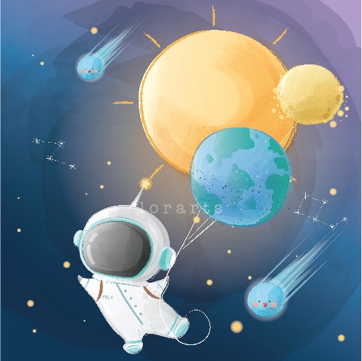 Little Astronaut Flying with Planet Balloons