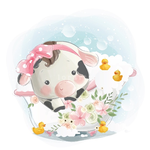 Little Calf in Bath Tub with Little Ducks