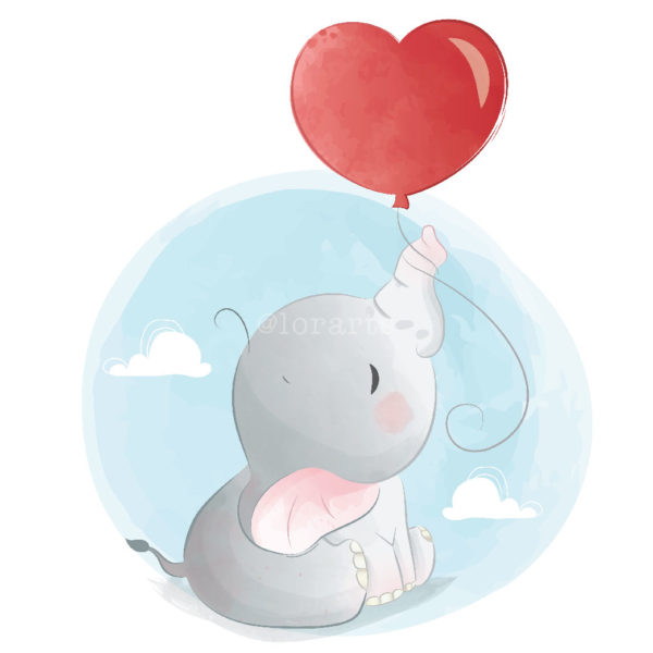 Baby Elephant Holding a Love Balloon