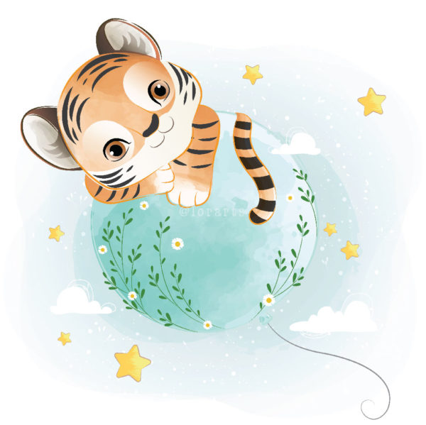 Baby Tiger Boy Holding on a Balloon