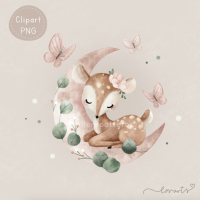 [Clipart PNG] Lovely Deer on Eucalyptus Moon