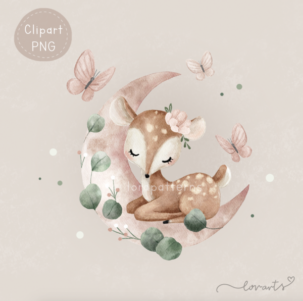 [Clipart PNG] Lovely Deer on Eucalyptus Moon