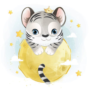 White Baby Tiger Boy Holding on Moon