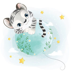 White Baby Tiger Boy Holding on a Balloon