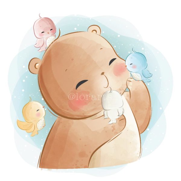 Cute Bear Playing With Little Birds