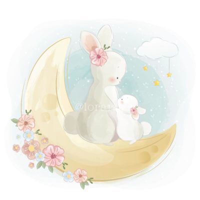 Mommy and Baby Bunny On Moon