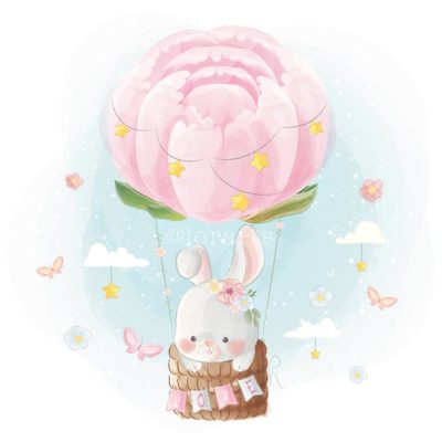 Little Bunny Flying With a Peony Balloon