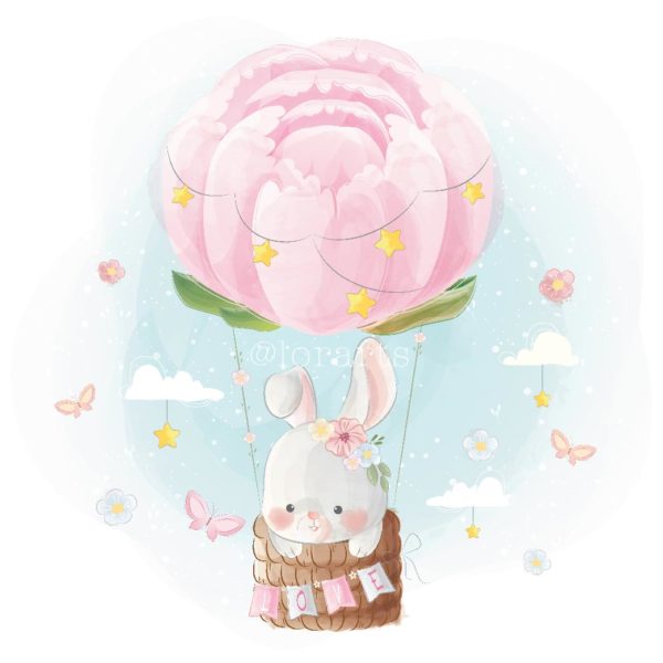 Little Bunny Flying With a Peony Balloon