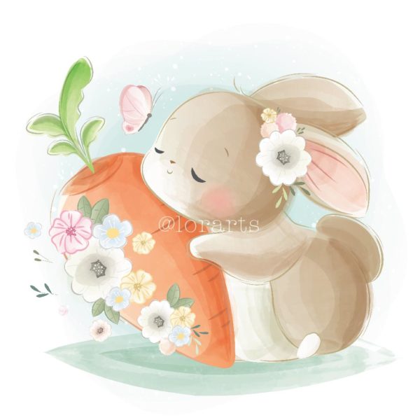 Little Bunny Hugging a Big Carrot
