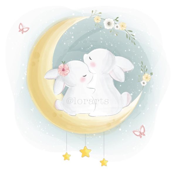Couple Bunny Hugging on The Moon
