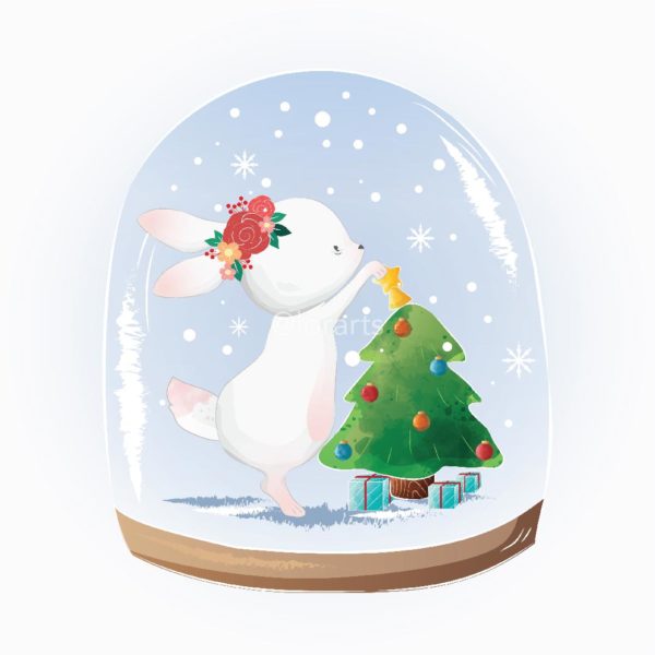 Little Bunny Decorating a Christmas Tree