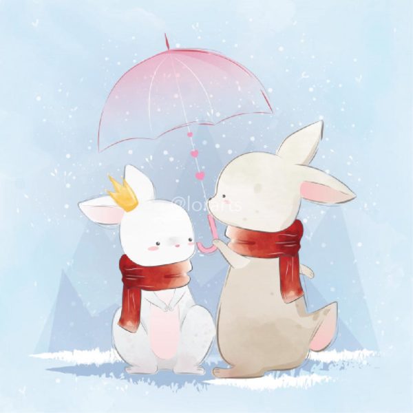 Couple Bunny Under a Pink Umbrella