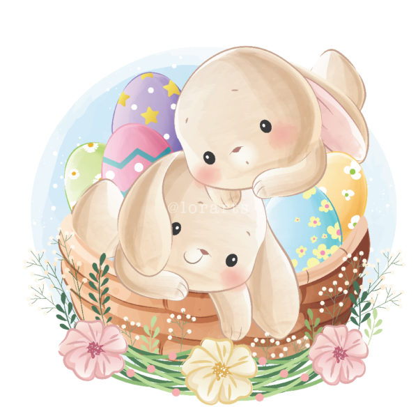 Little Bunnies on a Basket Full of Eggs
