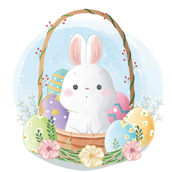 Cute Bunny in a Basket of Easter Eggs