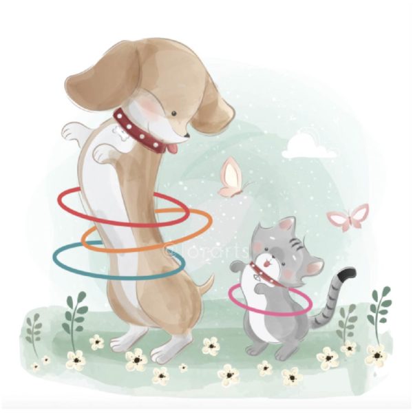 Cute Doggy Playing Hula Hoop with Little Kitty