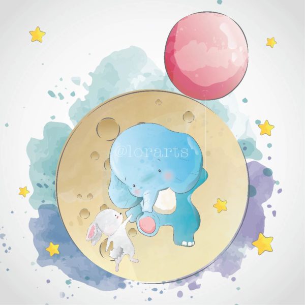 Elephant and Bunny Flying to the Sky