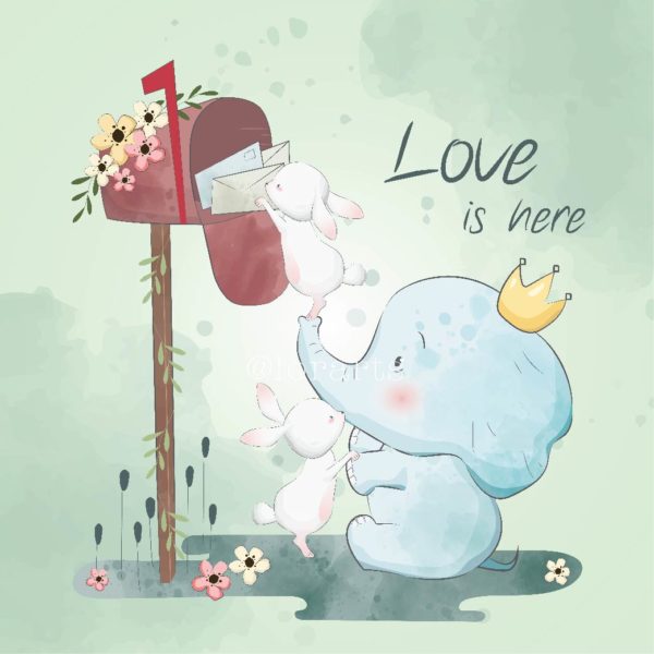 Elephant and Bunnies Checking Mailbox