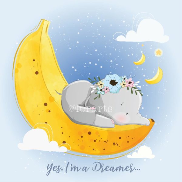 Little Elephant Sleeping on Banana Moon