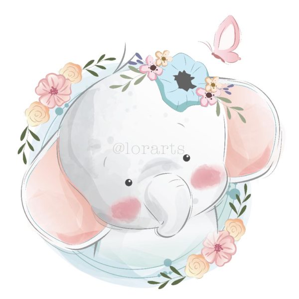 Little Elephant Portrait in Flower Wreath