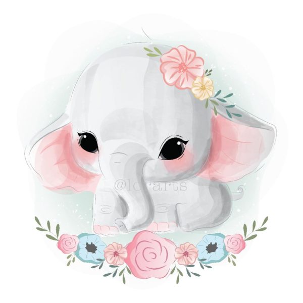 Cute Elephant in Flower Wreath