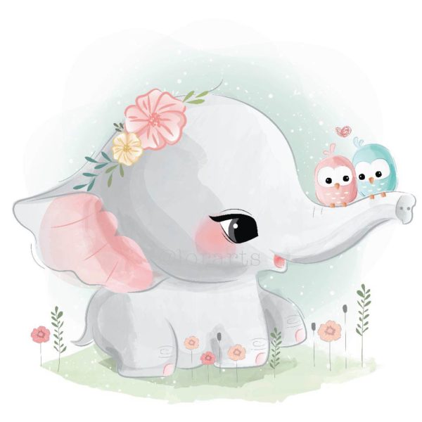 Cute Elephant with Birds On His Trunk