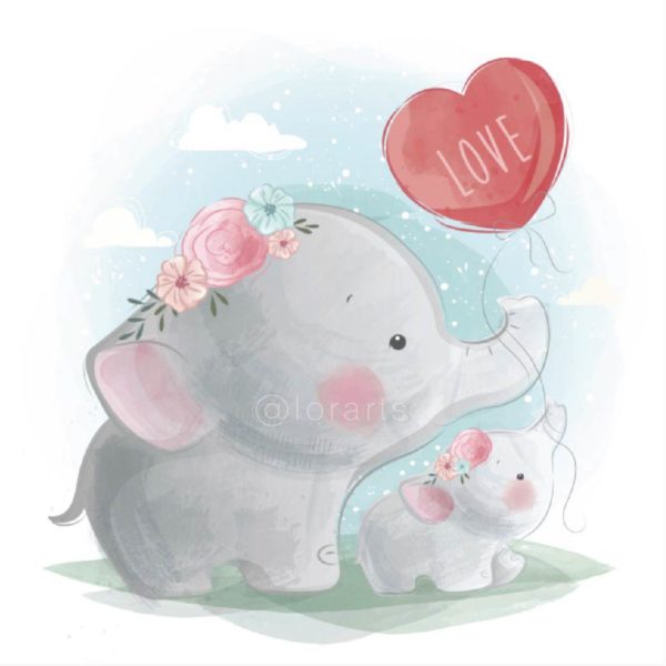 Mom and Baby Elephant Holding a Balloon