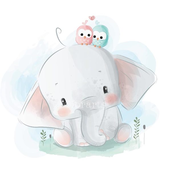 Little Elephant and Birds on His Head