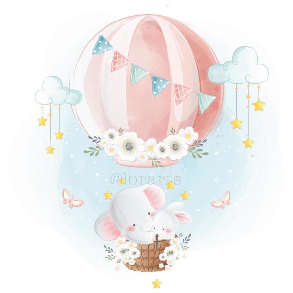 Elephant and Bunny Flying with Balloon