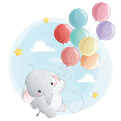 Baby Elephant Flying with Balloons