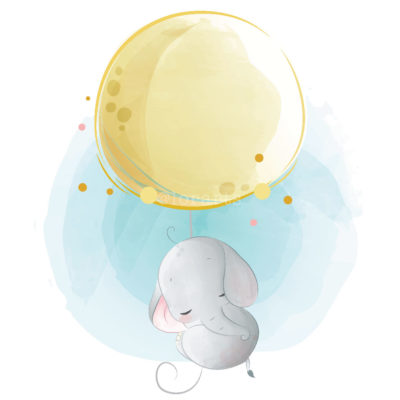 Baby Elephant Flying with a Moon Balloon