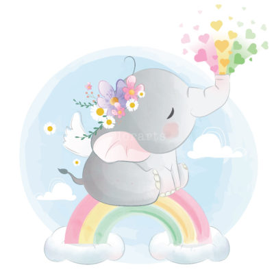Baby Elephant Splashing Love Rainbow