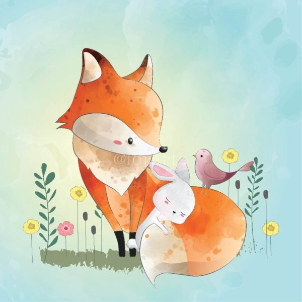 Fox with His Friends Bunny and Bird