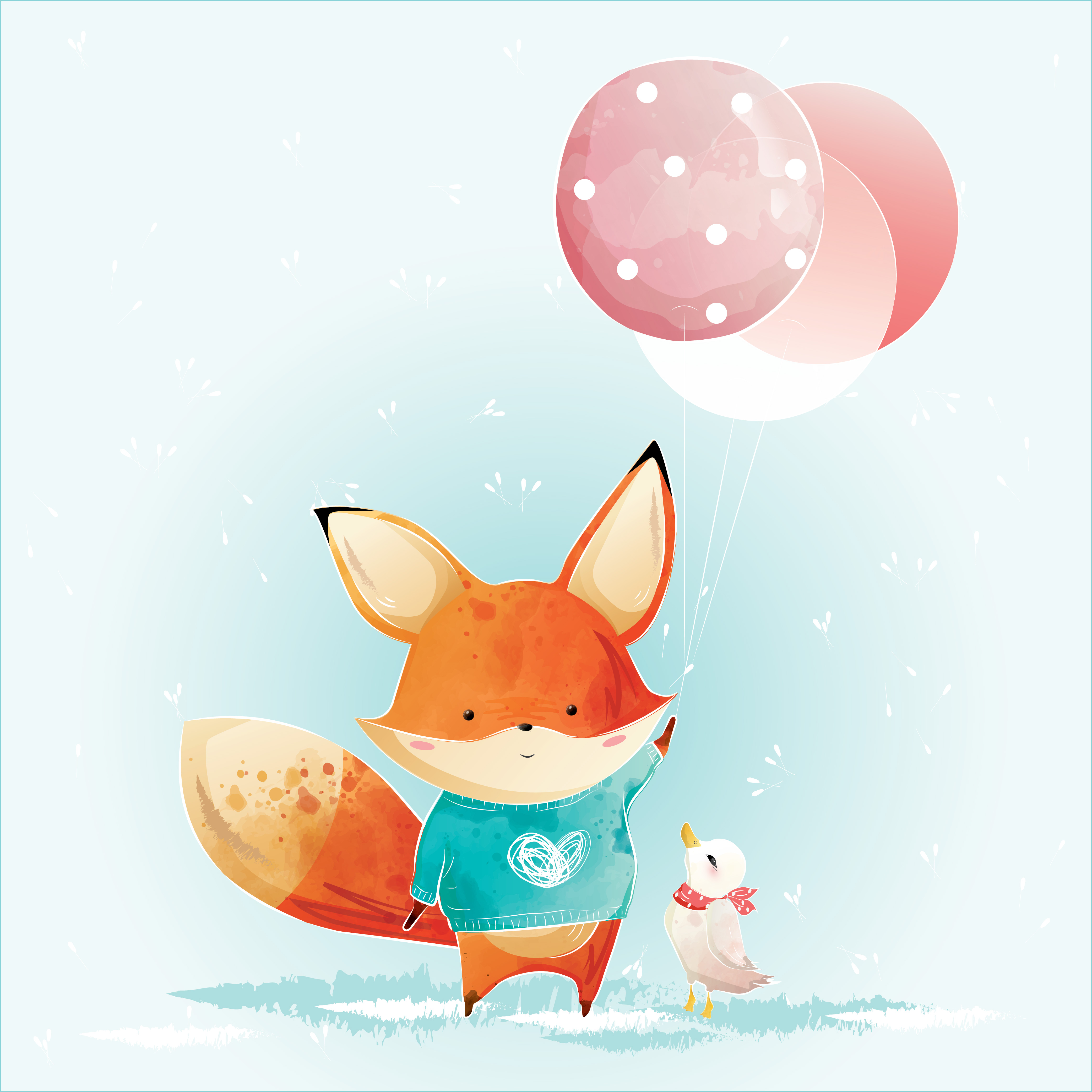 Little Fox Holding Balloons