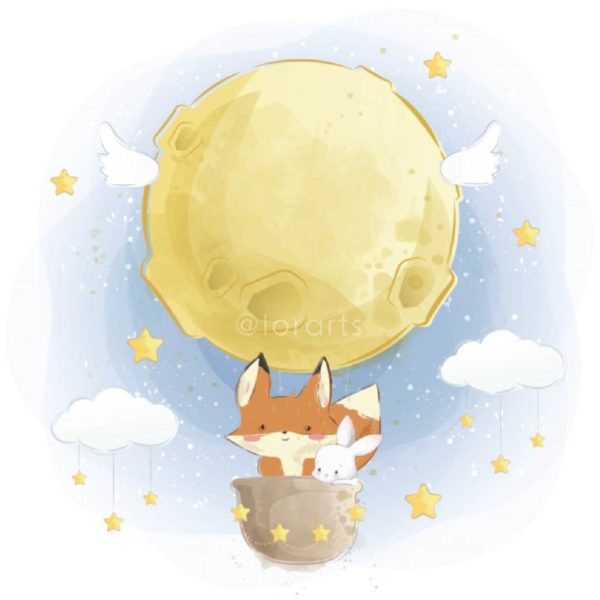 Fox and Bunny FLying With Moon Balloon