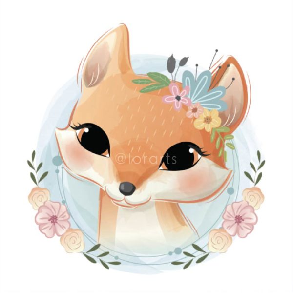 Fox Portrait in Flower Wreath