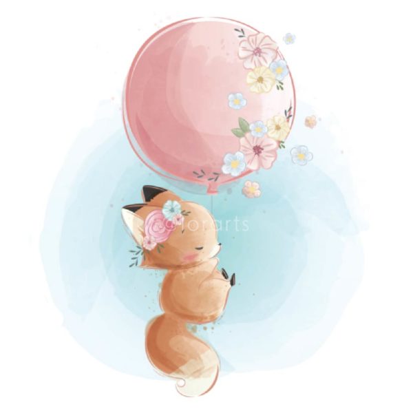 Little Fox Flying with a Balloon