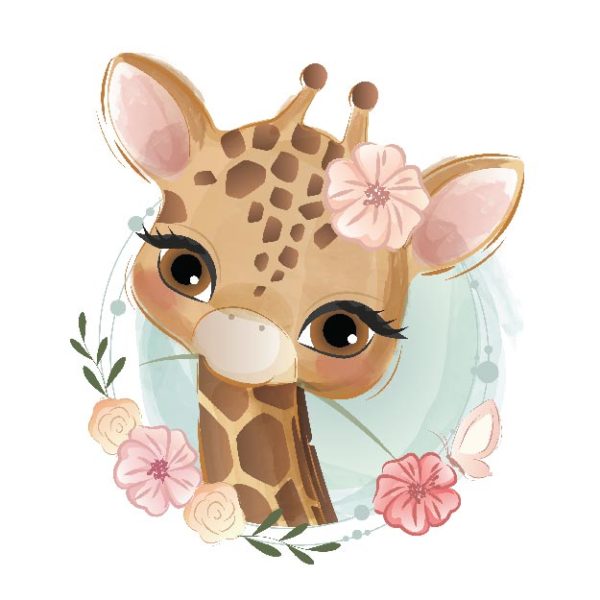 Sweet Flowery Giraffe Portrait in Wreath