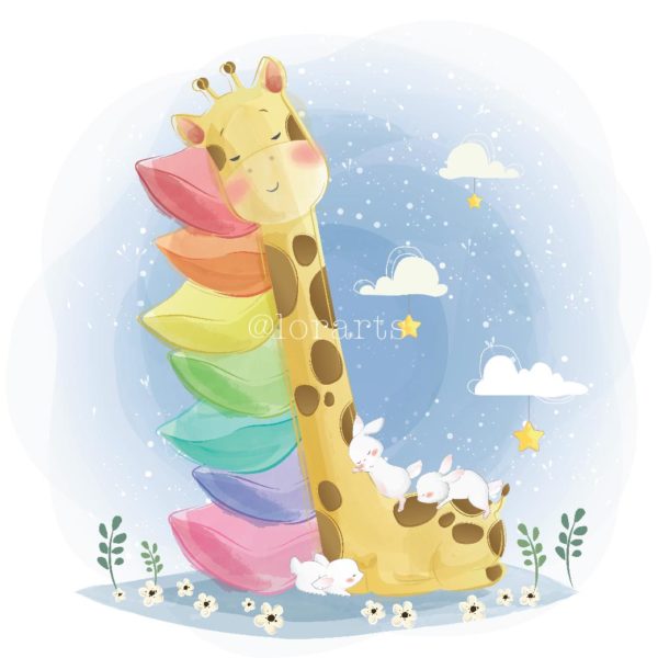Cute GIraffe Sleeping On Stacked Pillows