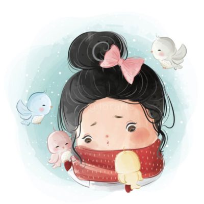 Happy Little Girl Playing with Birds