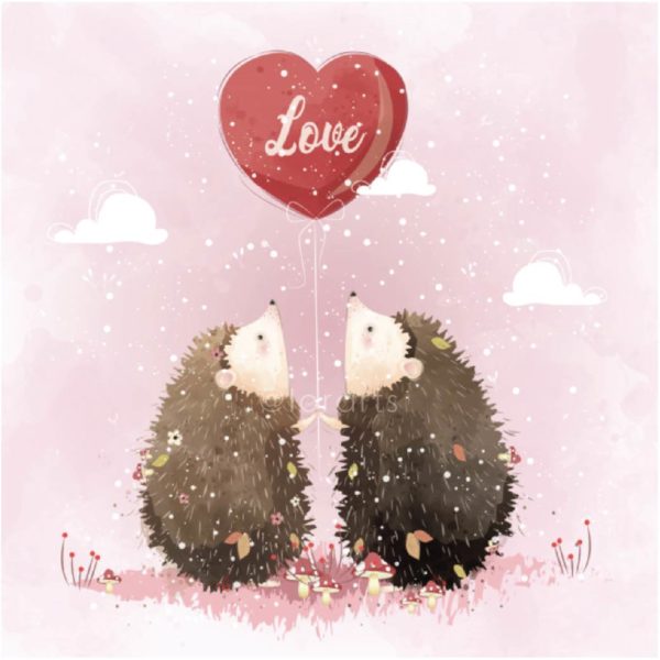 Two Hedgehogs Holding a Love Balloon