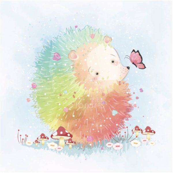 Colorful Rainbow Hedgehog Playing with a Butterfly
