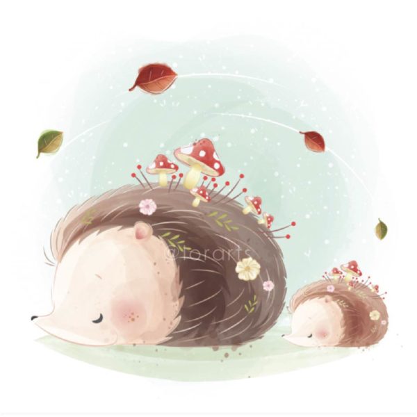 Mommy and Baby Hedgehog in Autumn