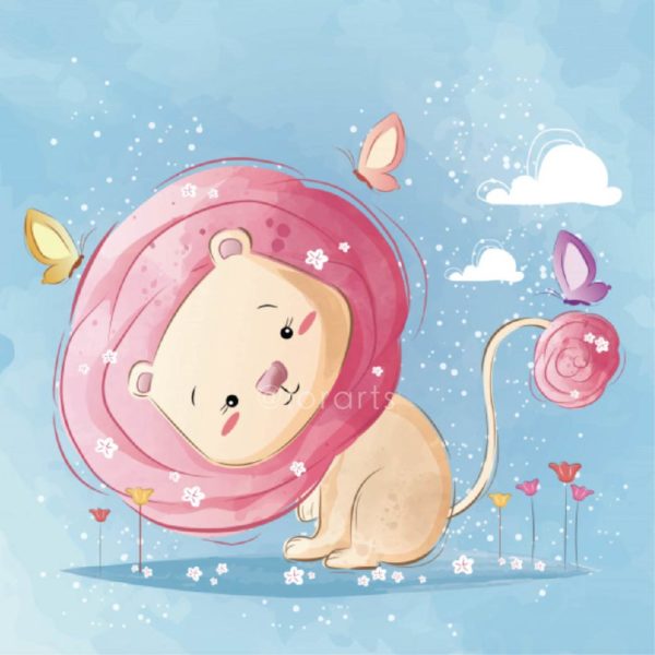 Cute Pink Rose Hair Lion with Butterflies
