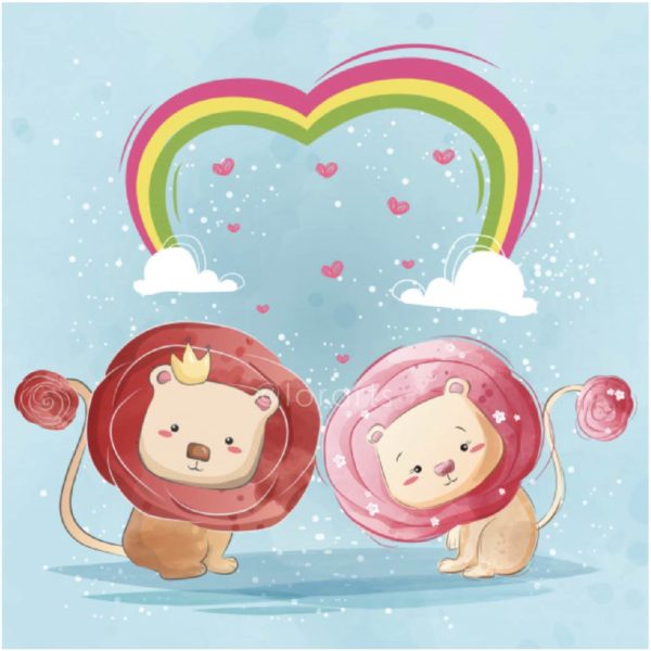 Two Little Lions Sitting Under Rainbow