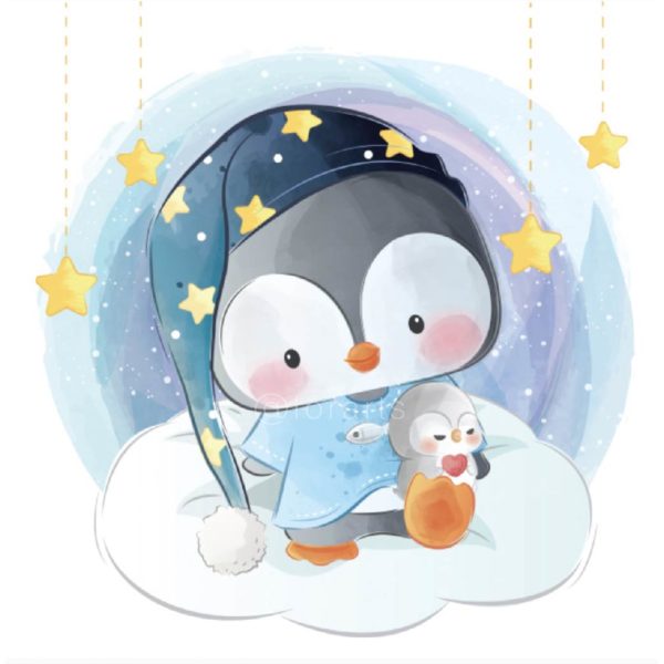 Little Penguin in Pajamas Sitting on Cloud