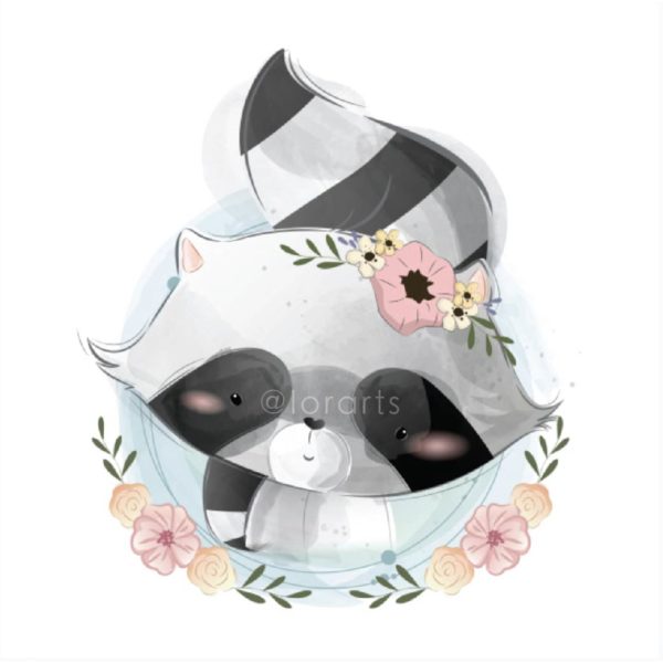 Raccoon Portrait in Flower Wreath