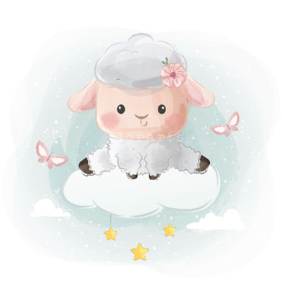 Cute Little Sheep Sitting on Cloud