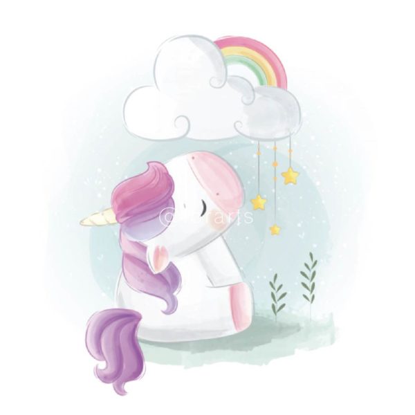 Little Unicorn Sitting Under Rainbow Cloud