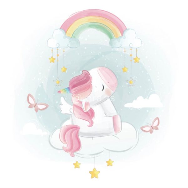 Little Unicorn Sitting Under Rainbow Cloud 2