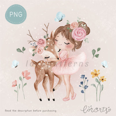 [Clipart PNG] Little Girl and Lovely Deer